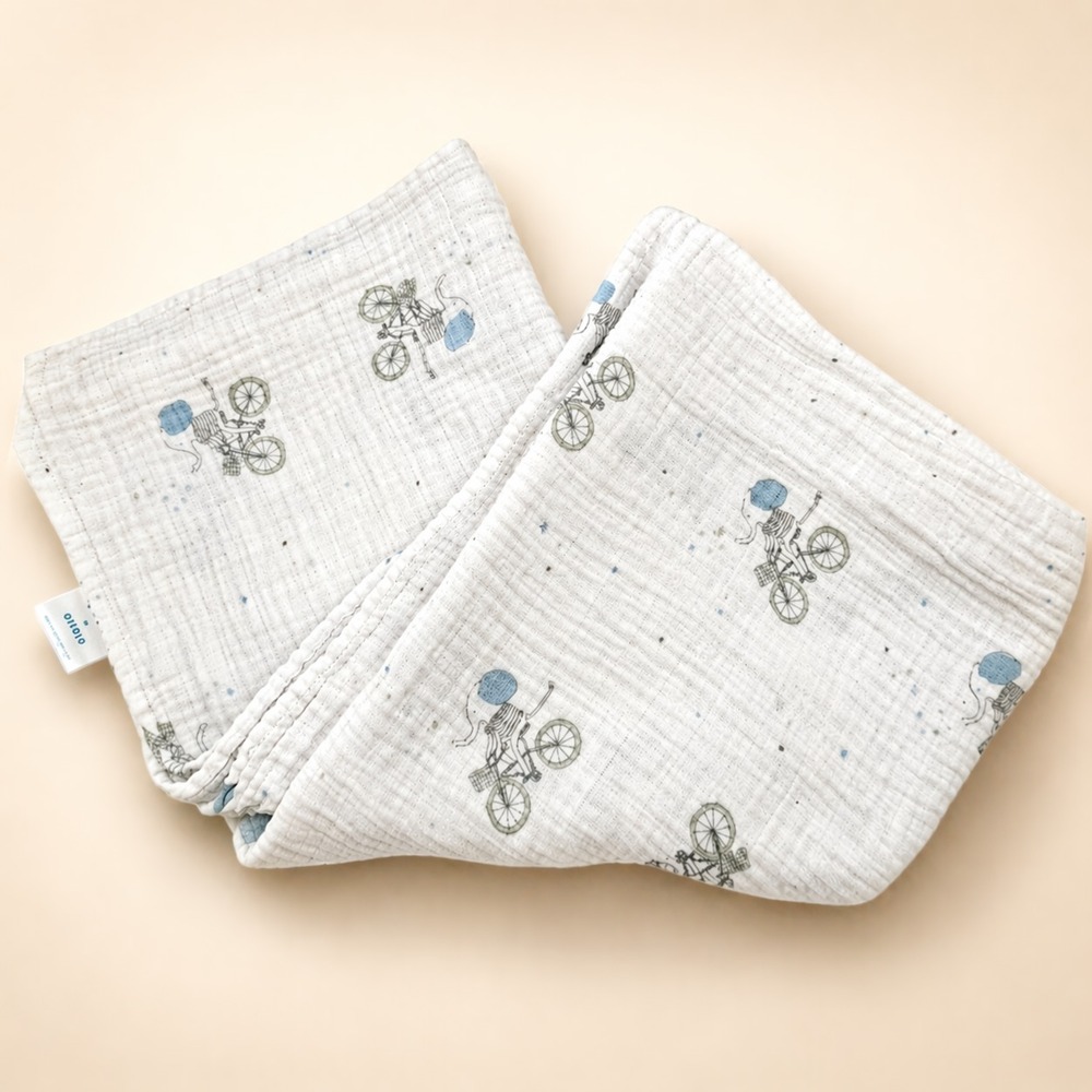 Aden + Anais Swaddle Baby Blanket Muslin Elephants On Bike Print White Aqua